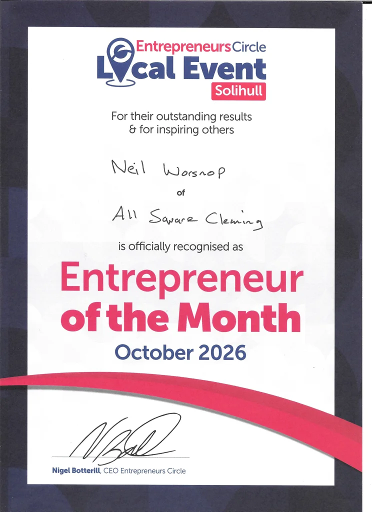 Entrepreneur of the Month certificate awarded to Neil Worsnop of All Square Cleaning