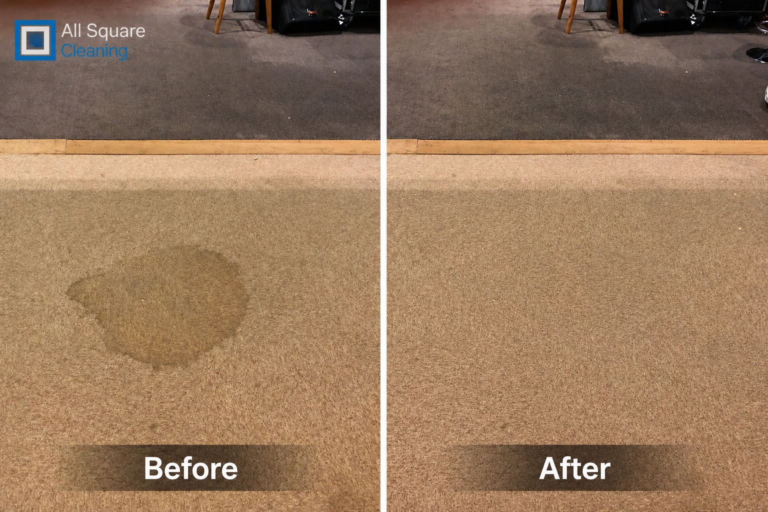 Coffee stain removed from carpet — before and after