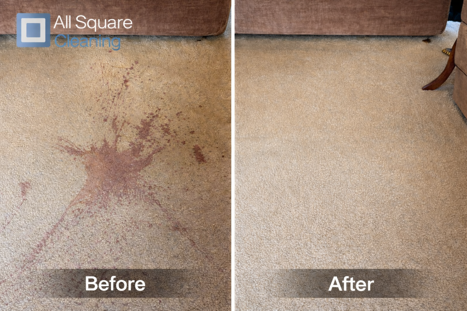 Red wine stain removed from carpet — before and after
